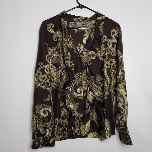 Ann Taylor Women's Paisley Silk Blouse Brown Green Button Front Ruffle Size 16 - Picture 2 of 12
